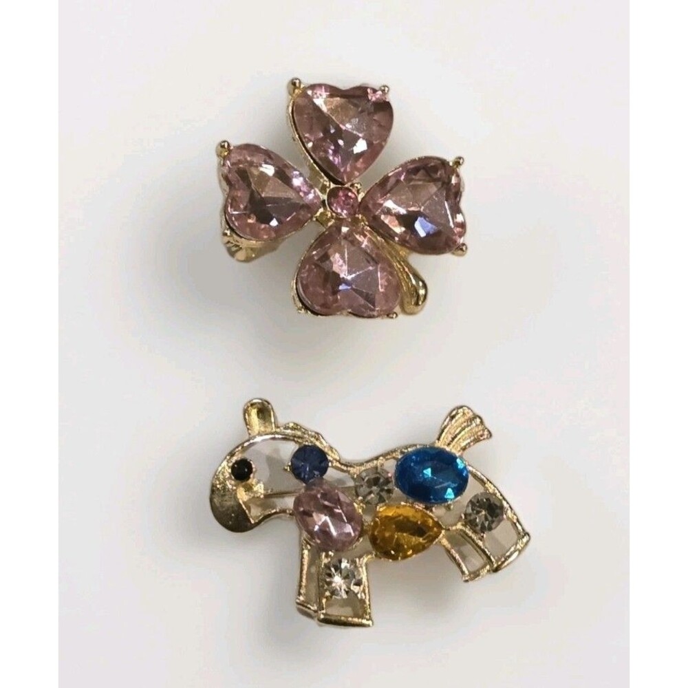 Cute 2 Piece Rhinestone Brooch Lot Pink Butterfly Colorful Horse Gold Tone Pins